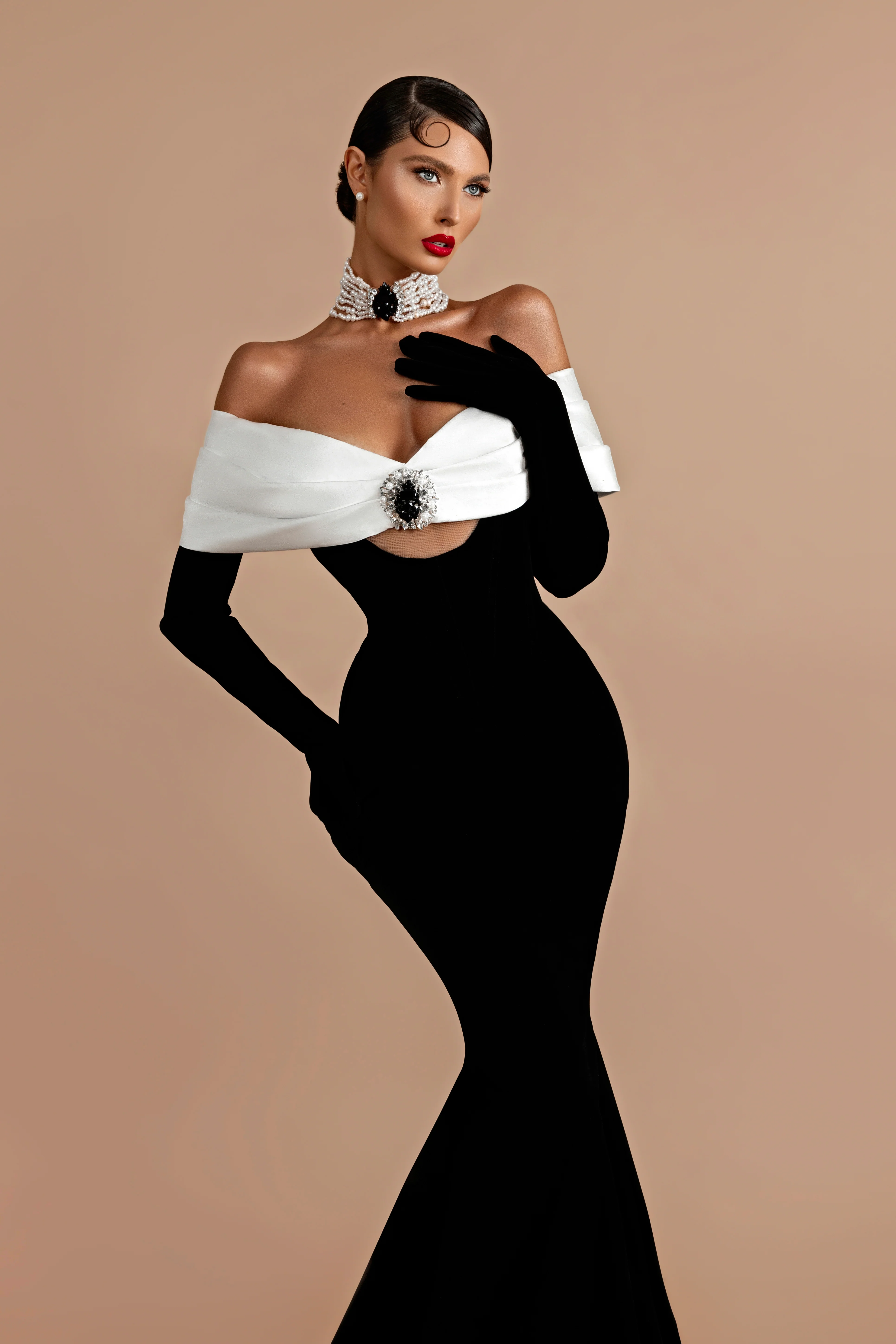 Black & White Sculptural Mermaid Gown with Gloves — view 2