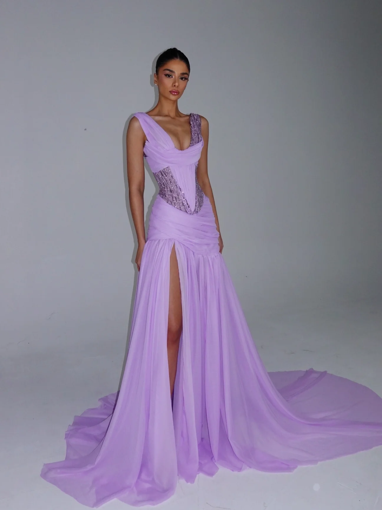 Lilac Crystal Corset Chiffon Gown