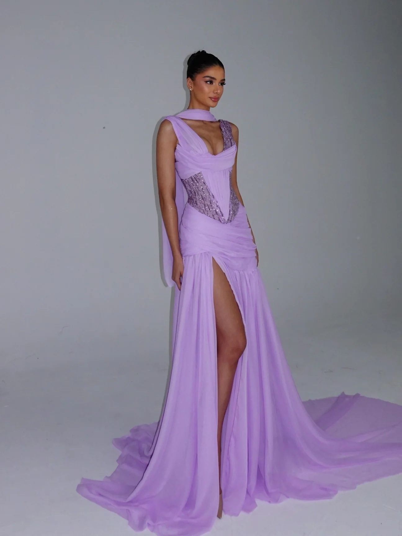 Lilac Crystal Corset Chiffon Gown — view 3