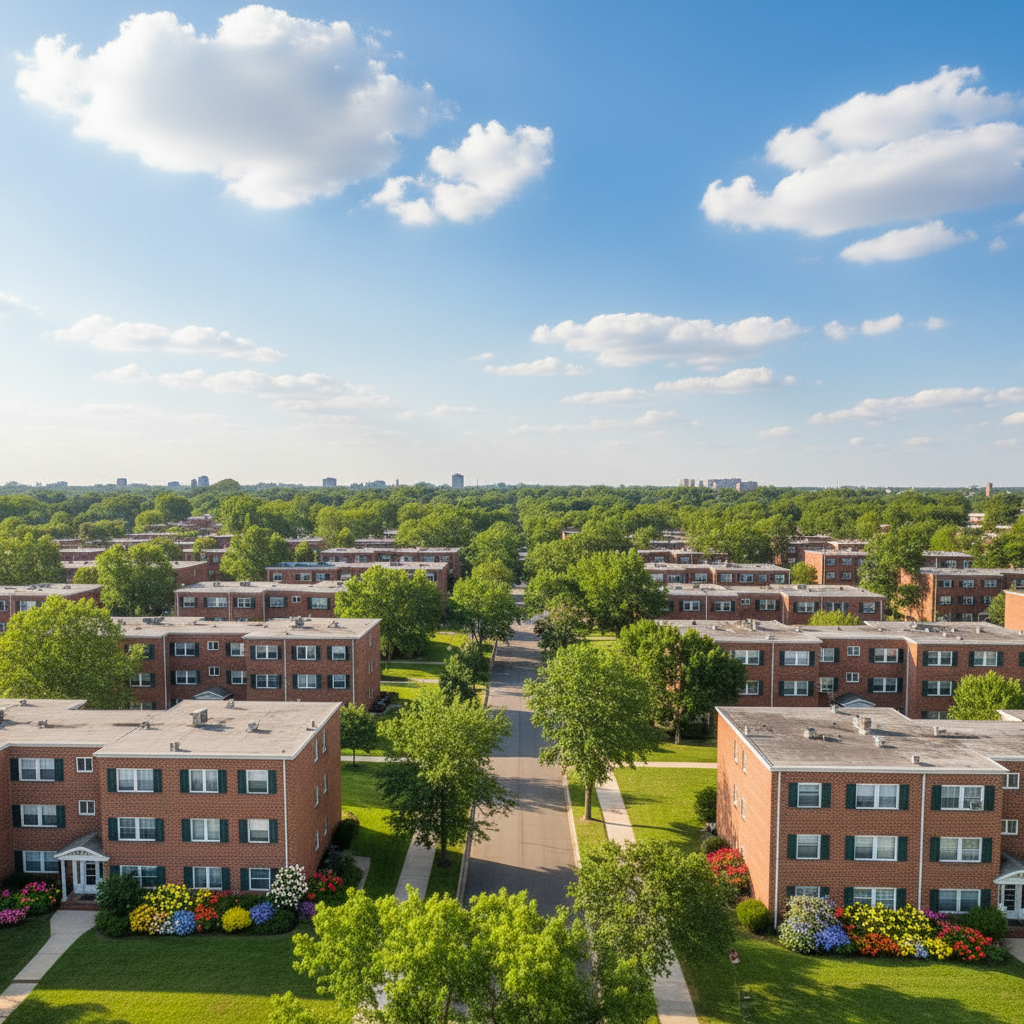 Friendly open apartment community with landscaping and blue sky