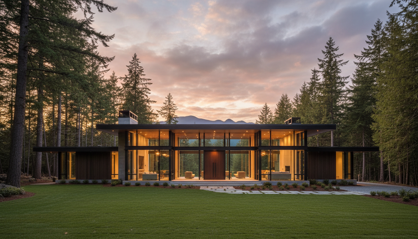 Modern luxury Pacific Northwest home at golden hour