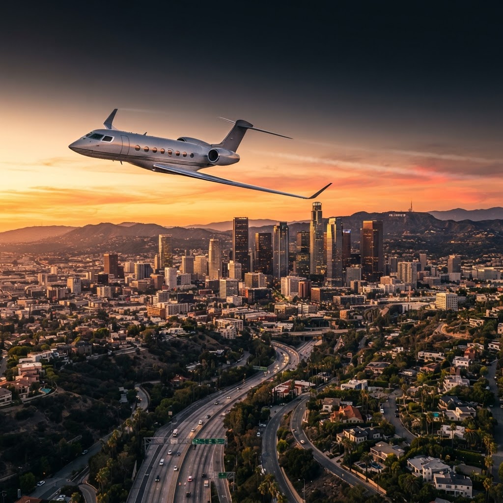 Private jet flying over the Los Angeles skyline at golden hour