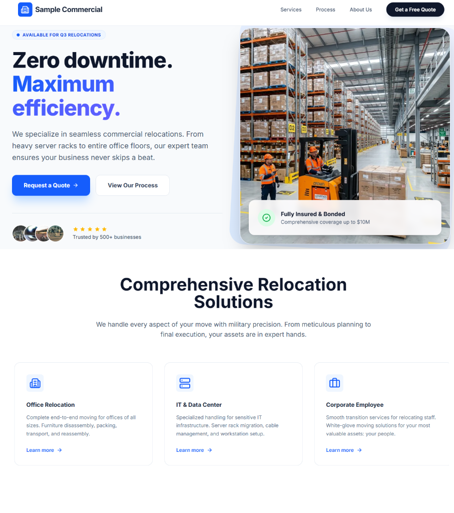 Commercial moving services website sample