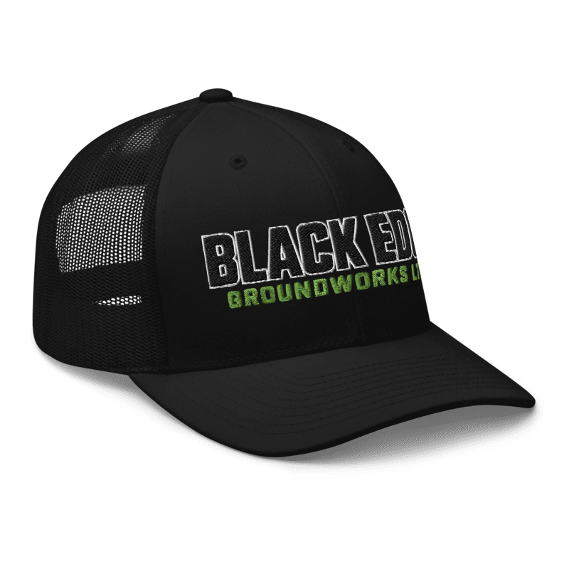 Black Edge Groundworks embroidered hat, angled three-quarter view