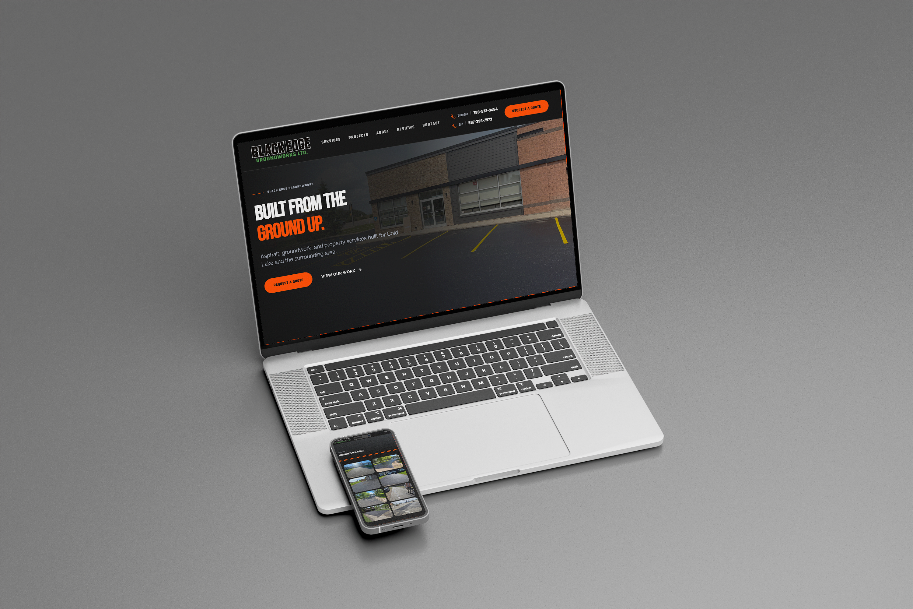 Black Edge Groundworks responsive website design mockup shown on a laptop and smartphone