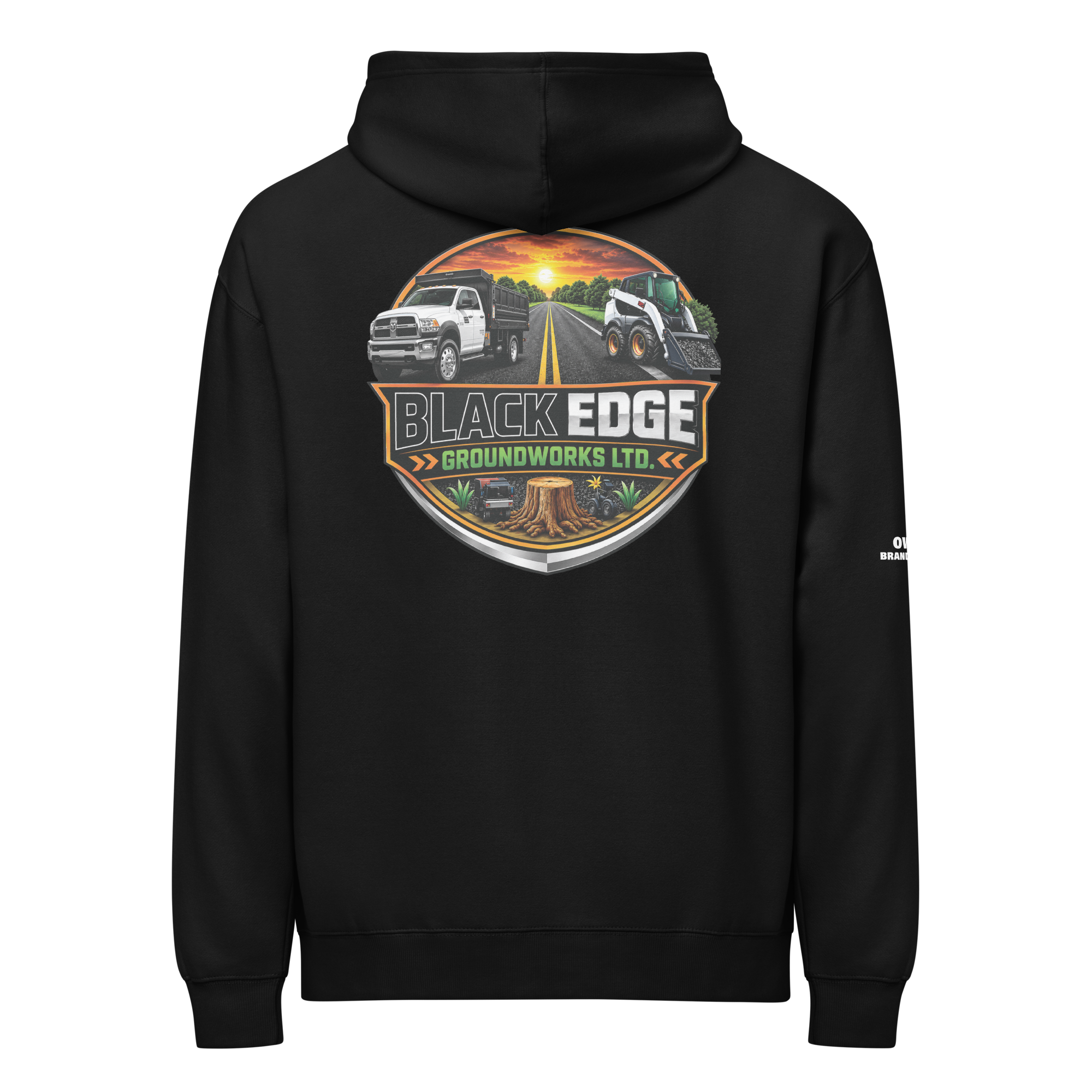 Black Edge Groundworks hoodie back view with circular sunset-and-machinery emblem