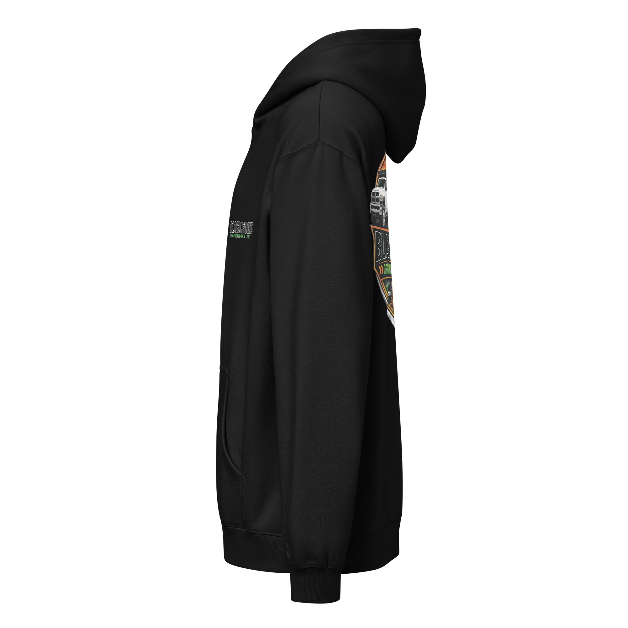 Black Edge Groundworks hoodie left side profile with chest logo and back emblem