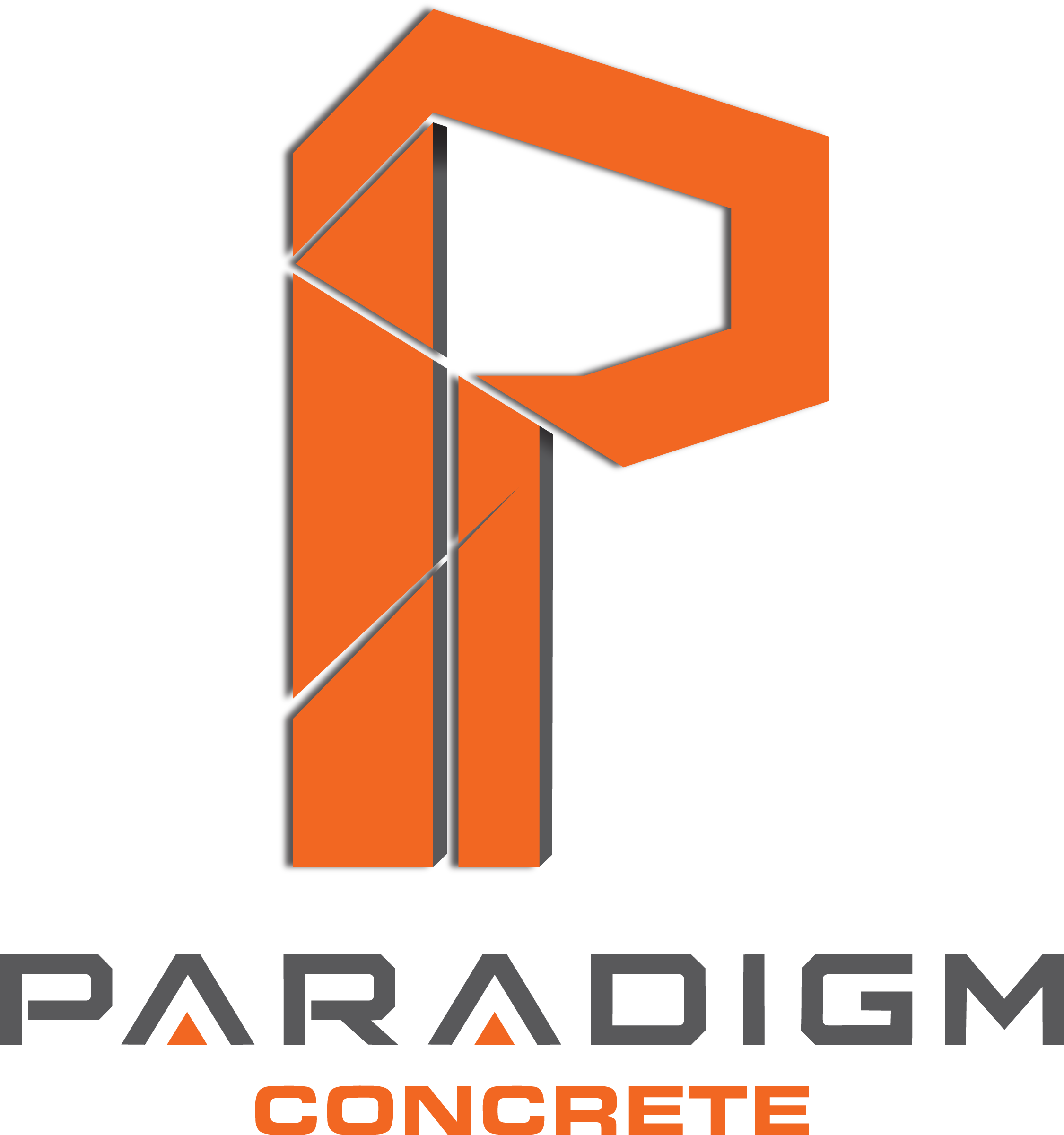 Paradigm Concrete logo   orange on medium grey concrete