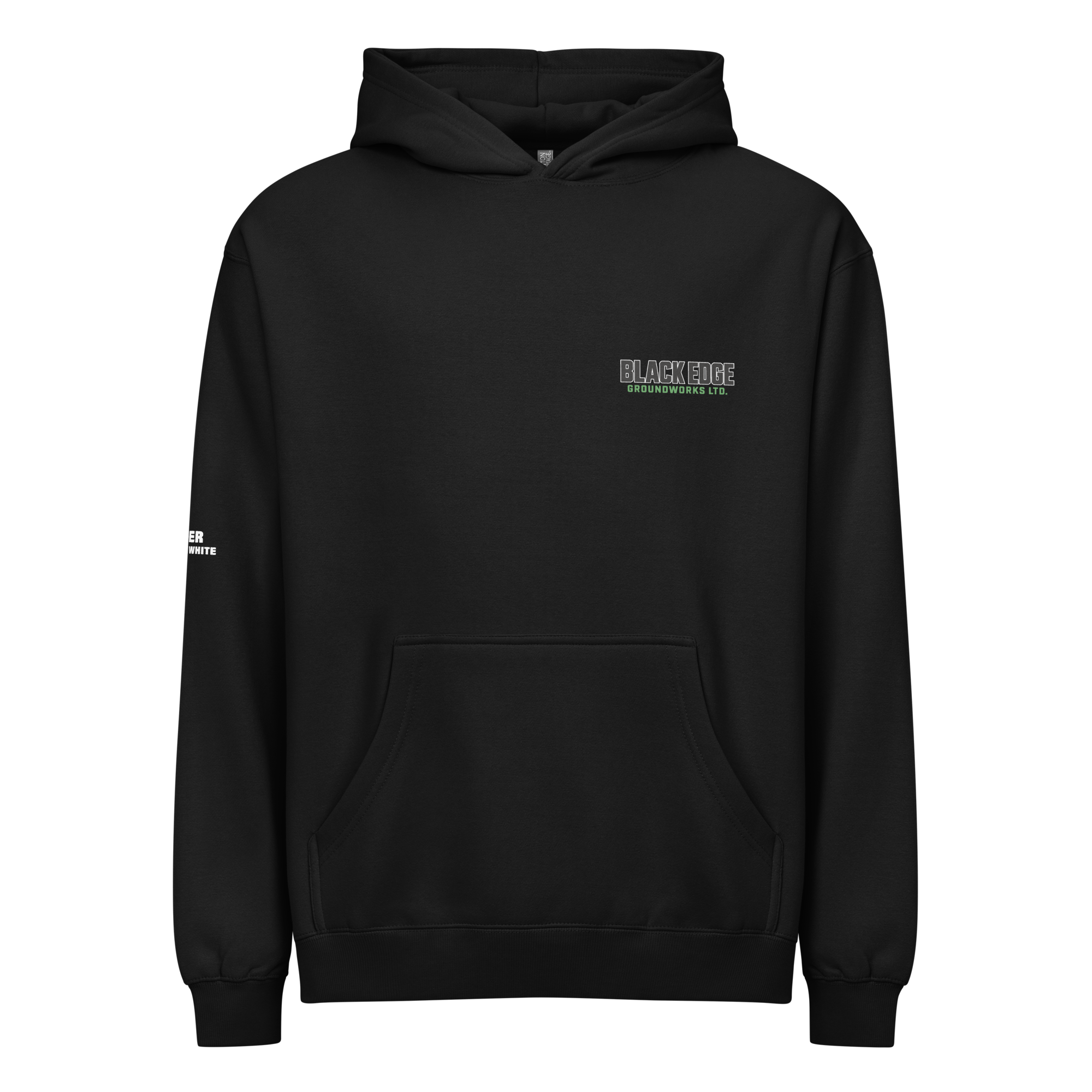Black Edge Groundworks hoodie front view with chest logo and owner sleeve print