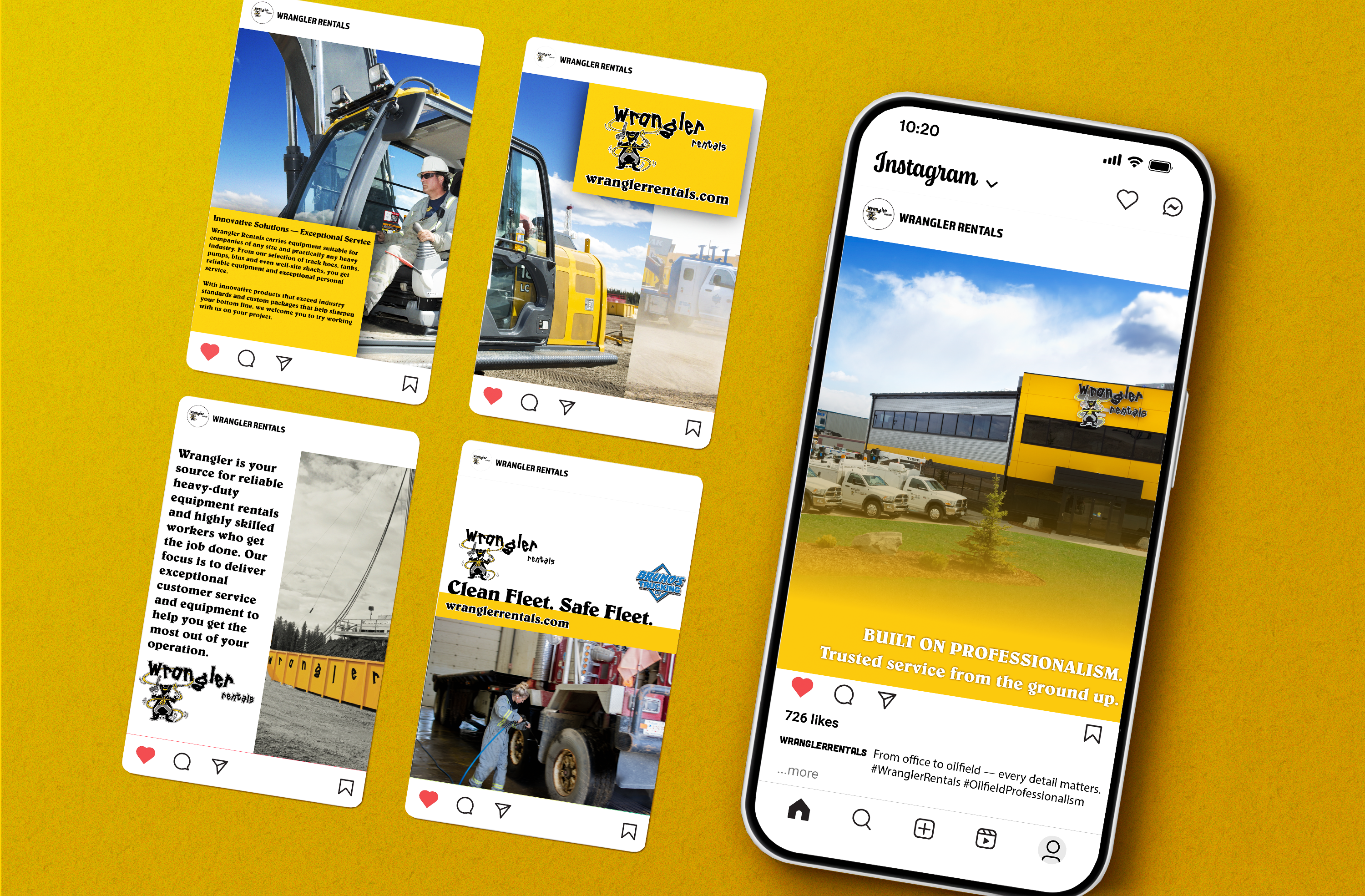 Wrangler Rentals Instagram social media mockup with five custom post designs and a phone feed preview