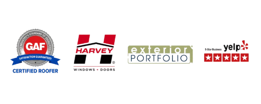 GAF Certified Roofer, Harvey Windows + Doors, Exterior Portfolio, and Yelp 5-Star Business