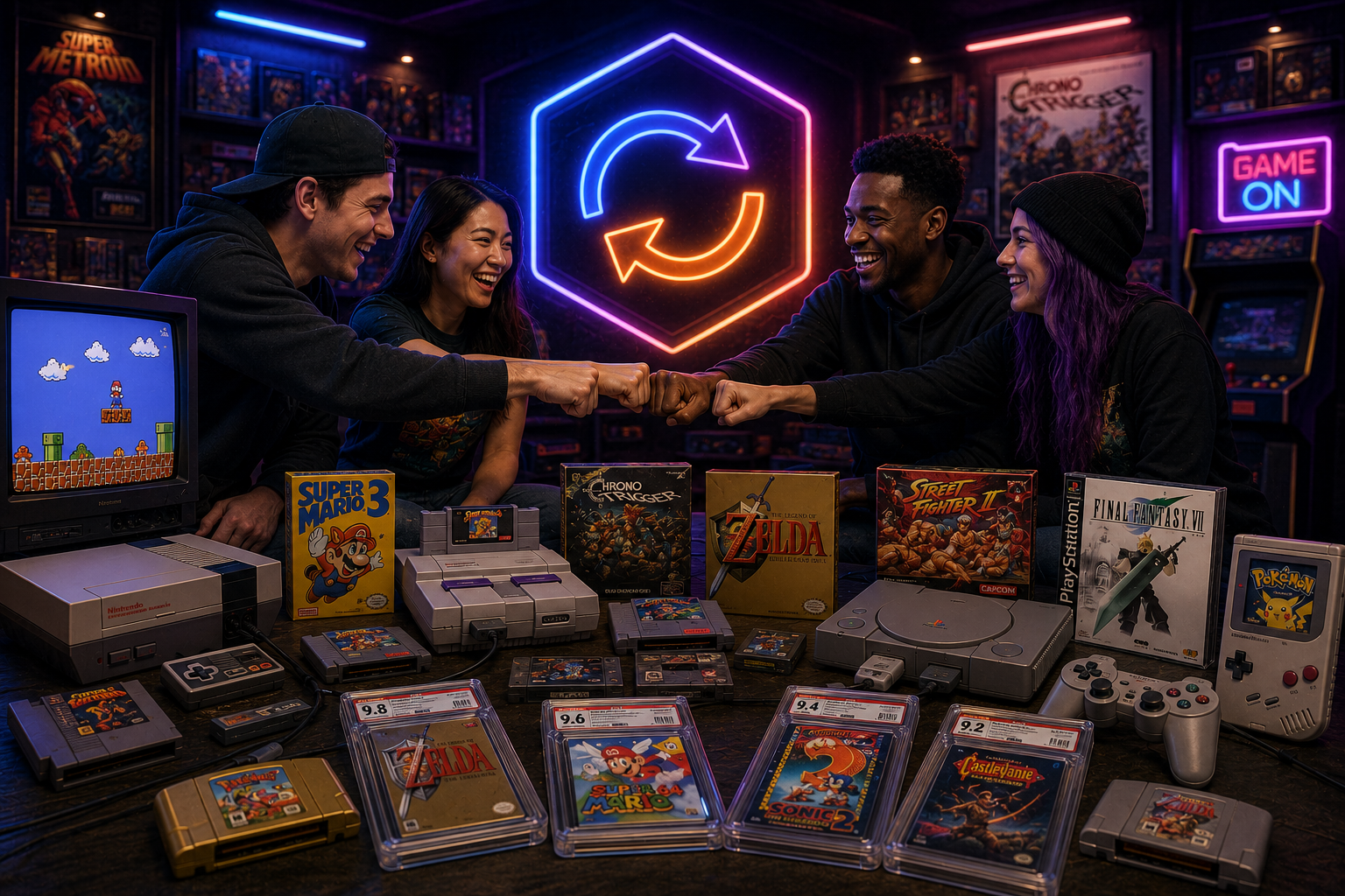 Ready to Trade the Classics — retro gaming community fist-bump