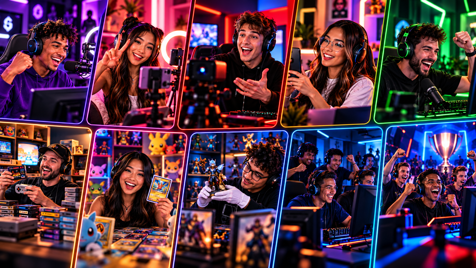 Perfect For Gaming Creators — a collage of streamers, collectors, retro gamers, and esports communities