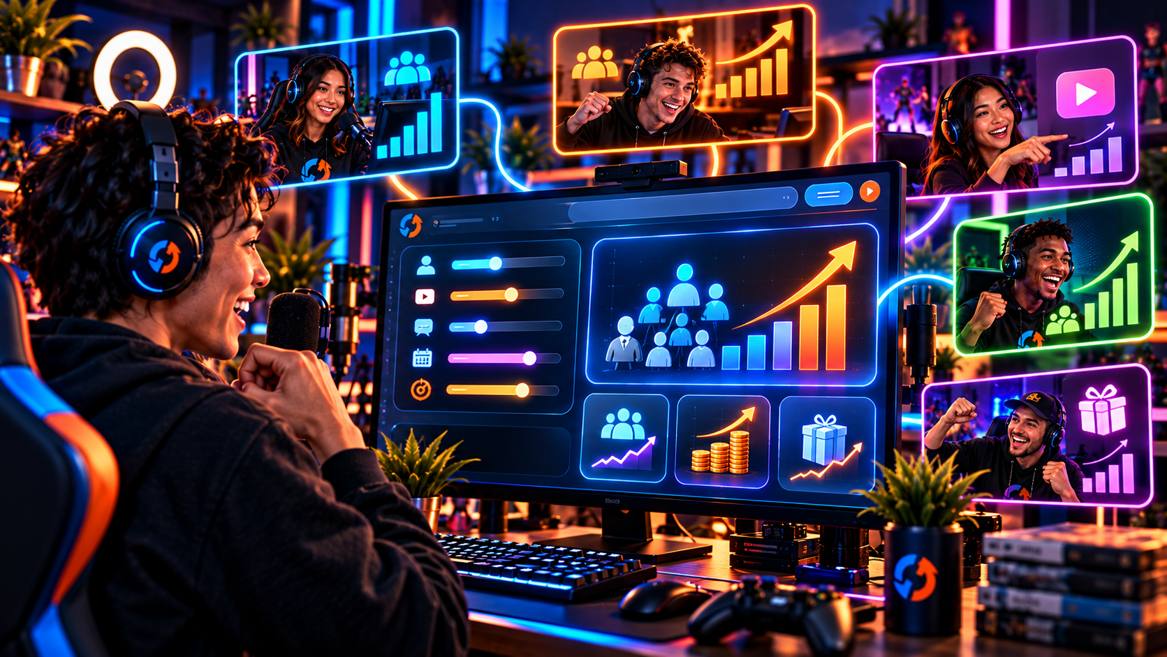 See What Your Community Could Look Like — a creator surrounded by floating community engagement and growth metric windows