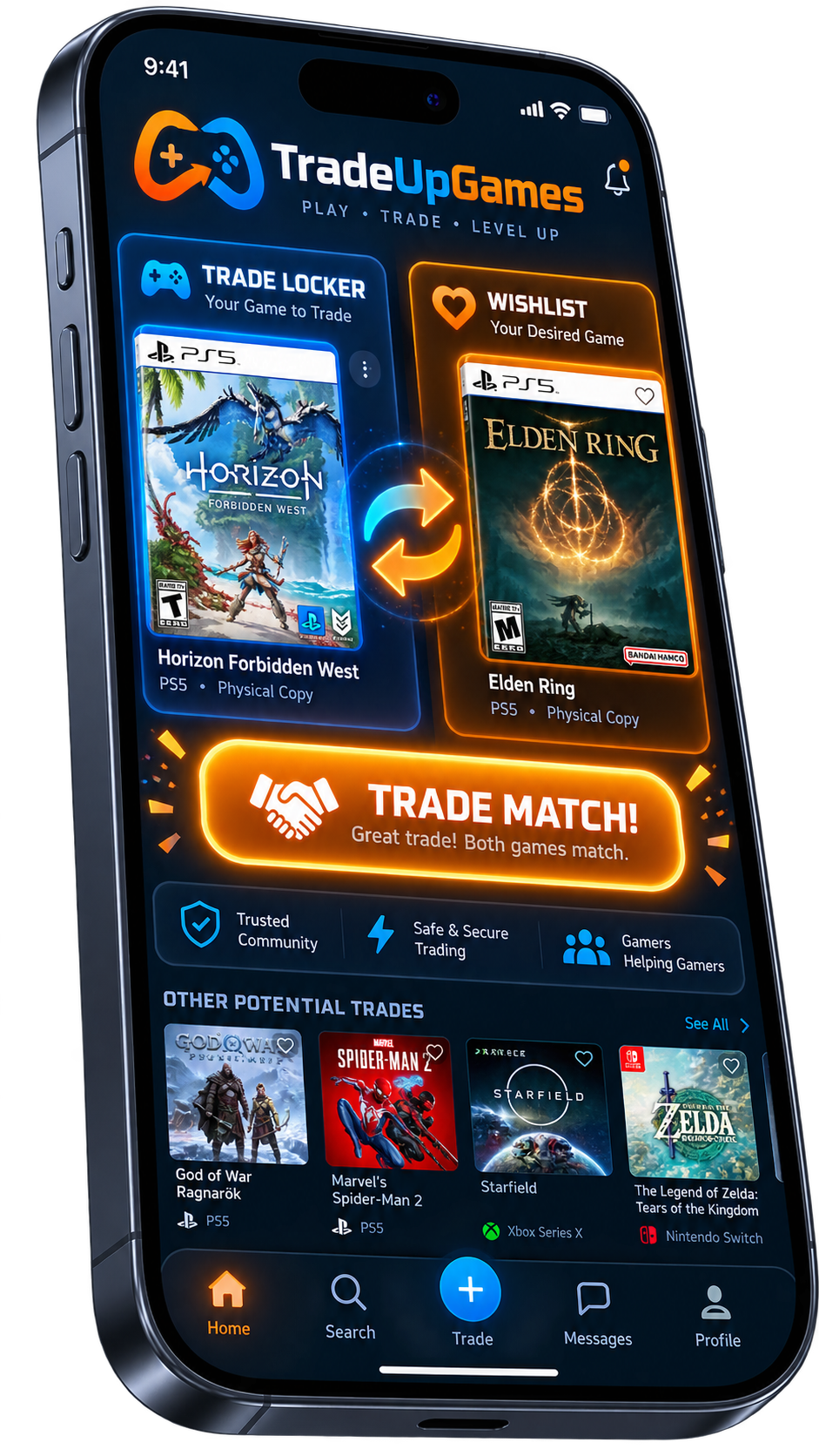 TradeUpGames mobile app — trade match preview