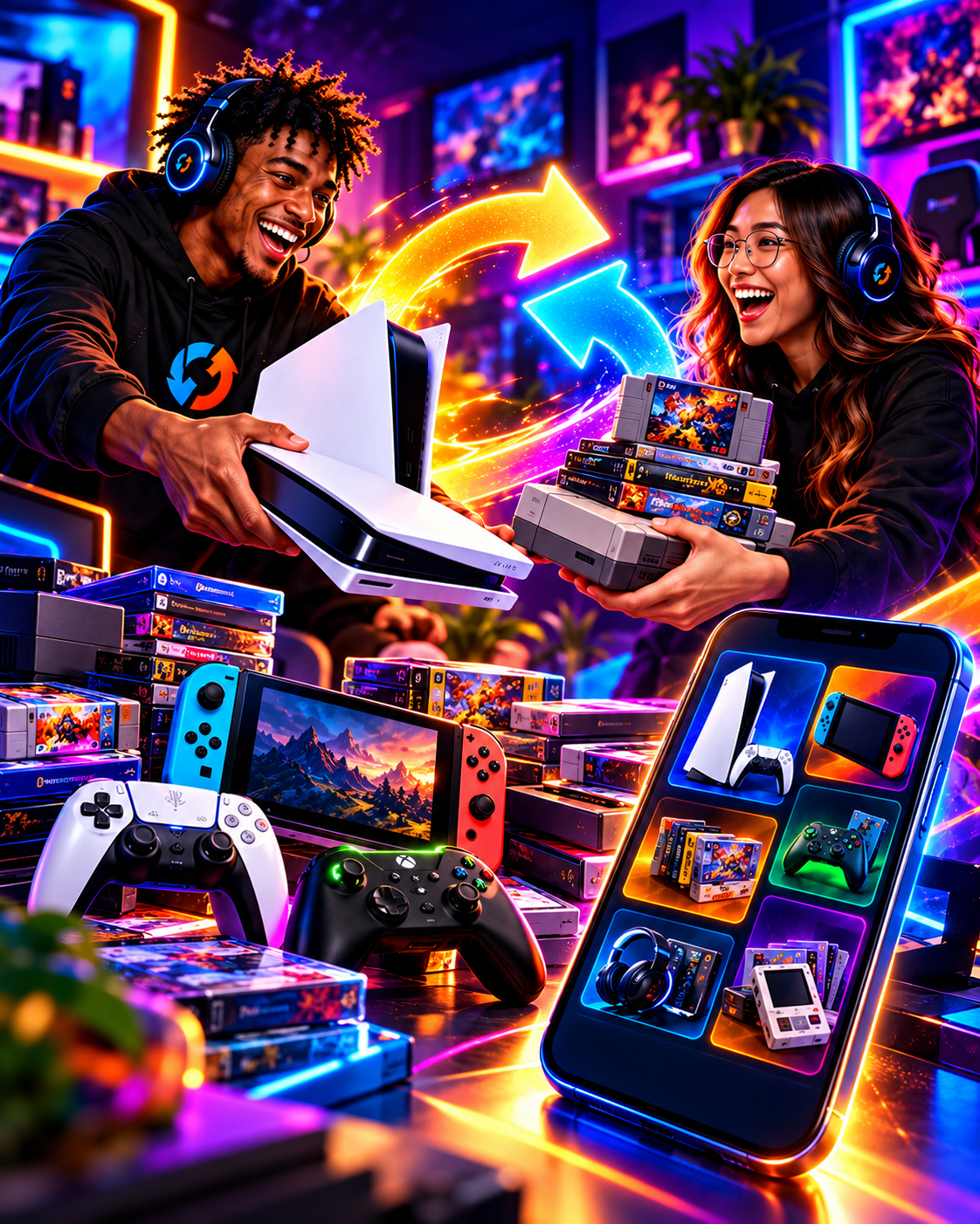 Gamers exchanging gaming gear and consoles