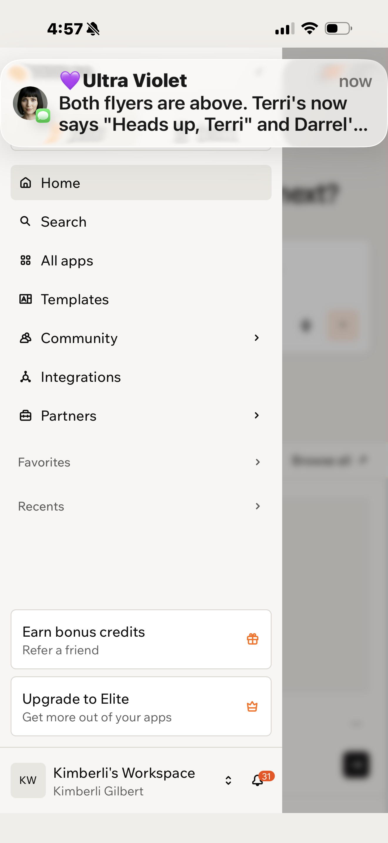 Tap your workspace name at the bottom of the menu