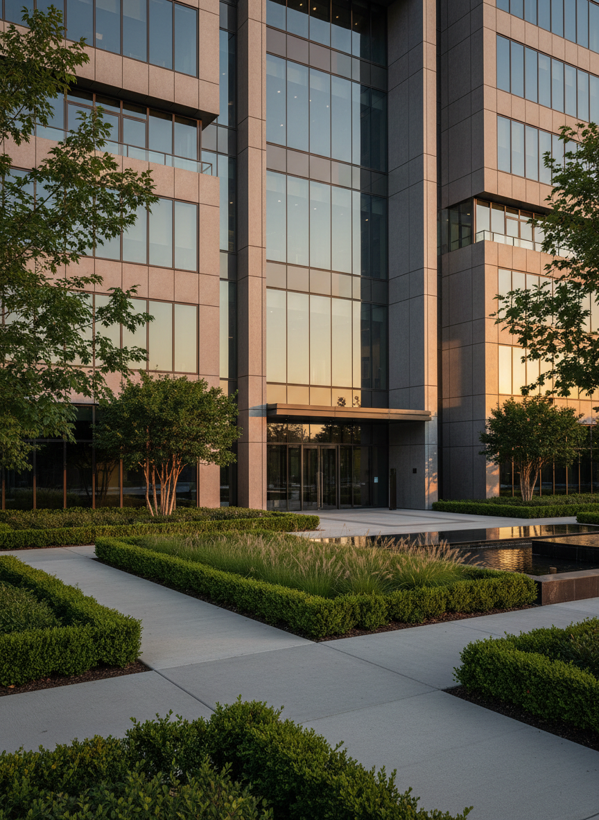 Beautifully maintained commercial property exterior at golden hour
