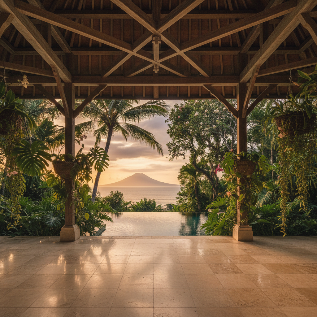 Timber pavilion opening onto a tropical garden and sea at dusk