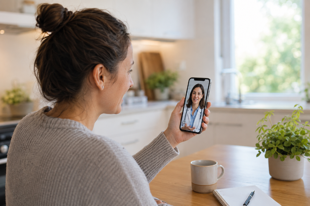 Person on a telehealth video call with a doctor from home