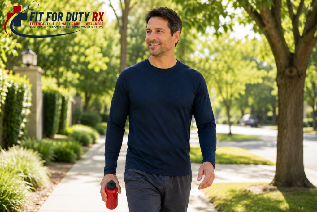 Adult getting everyday movement with a walk outdoors on a busy day