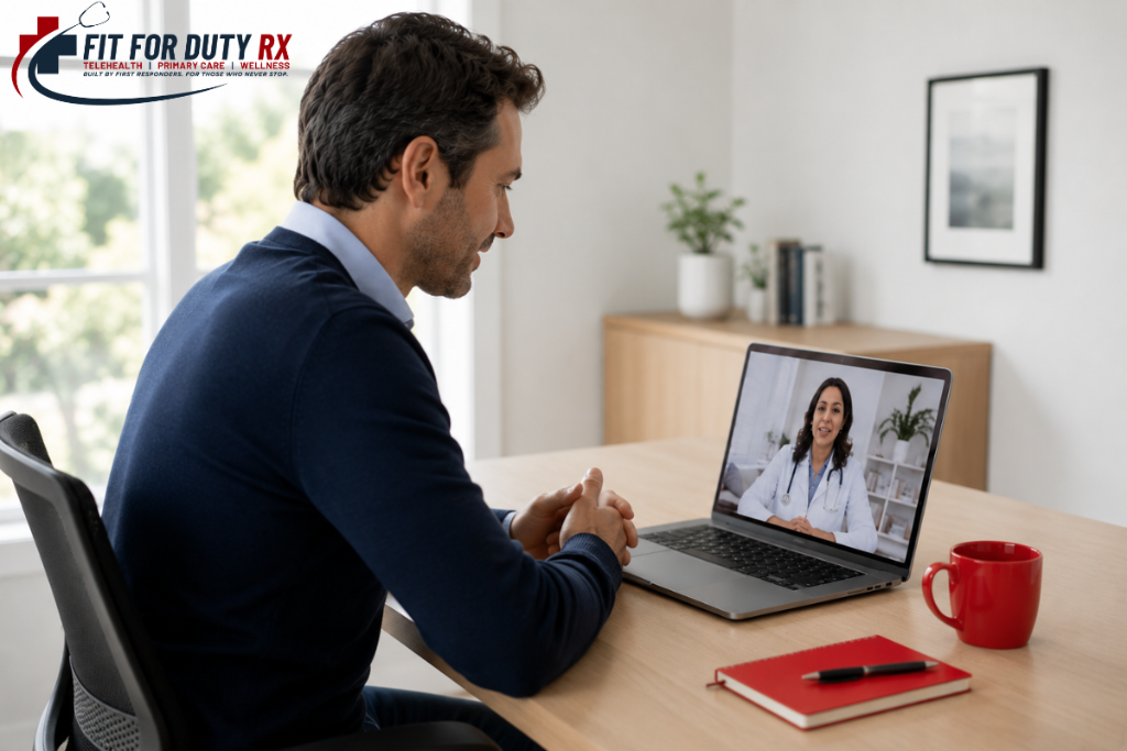 Adulto en una consulta virtual corta desde una computadora portátil, durante una pausa en su jornada de trabajo