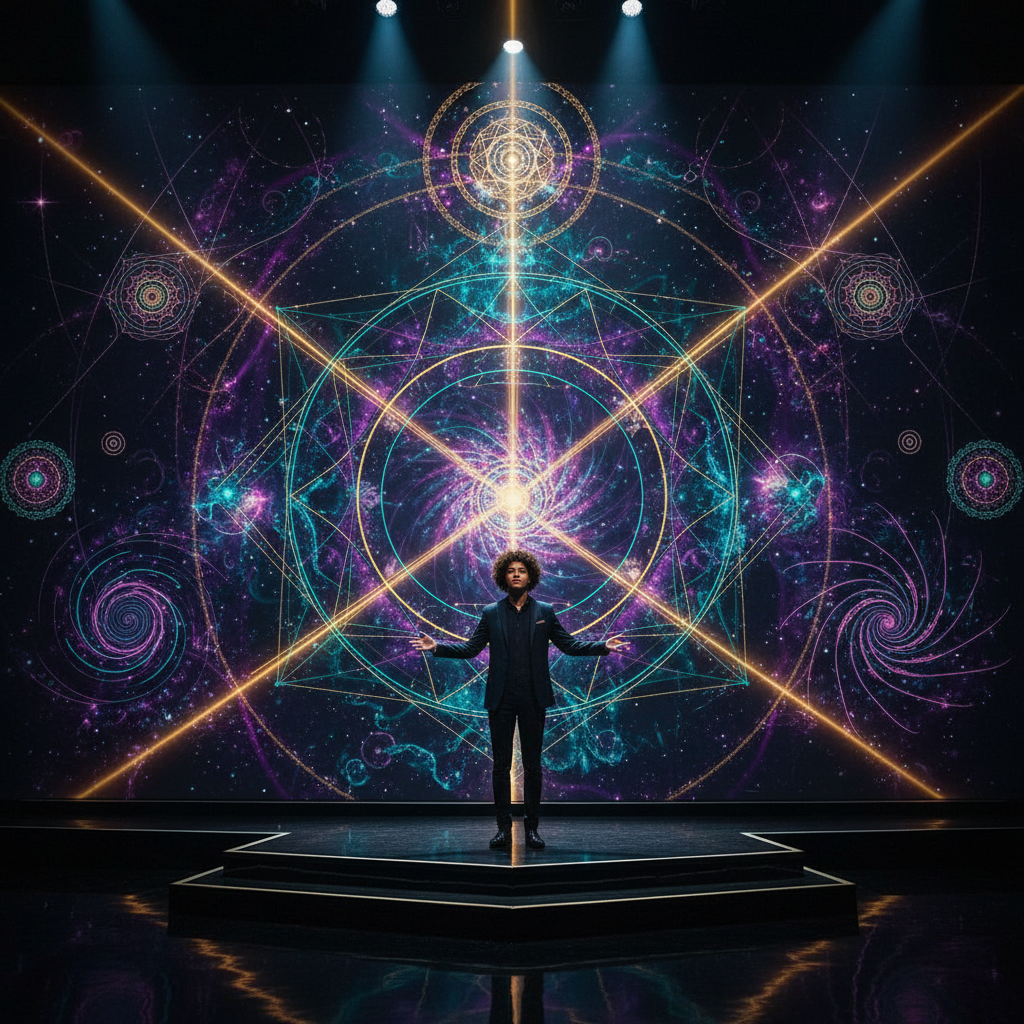 Visionary speaker on stage with sacred geometry