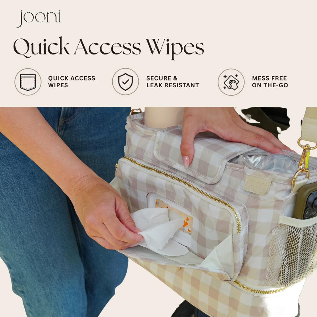 JOONI Cream Gingham stroller caddy story 7