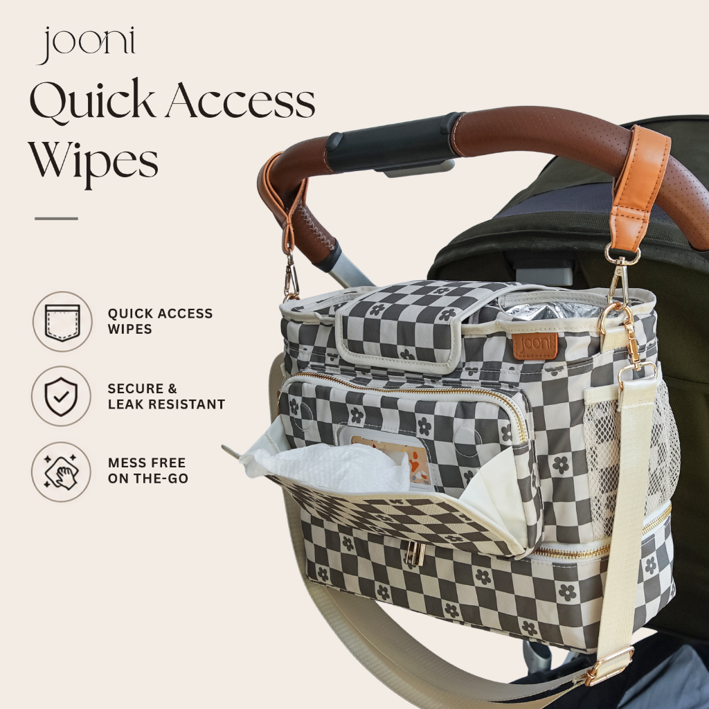 JOONI Daisy Check Sage stroller caddy story 7