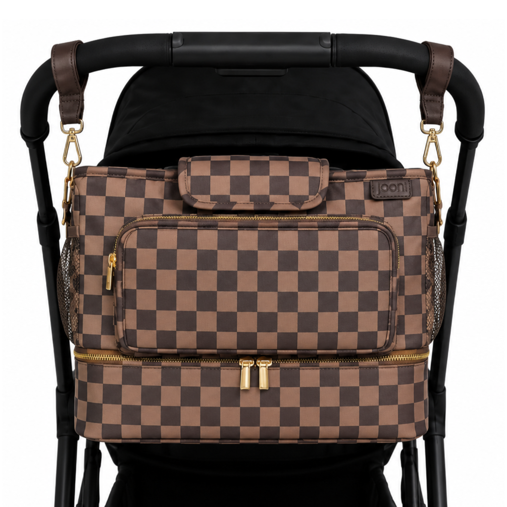 JOONI Checkered Cocoa stroller caddy story 1
