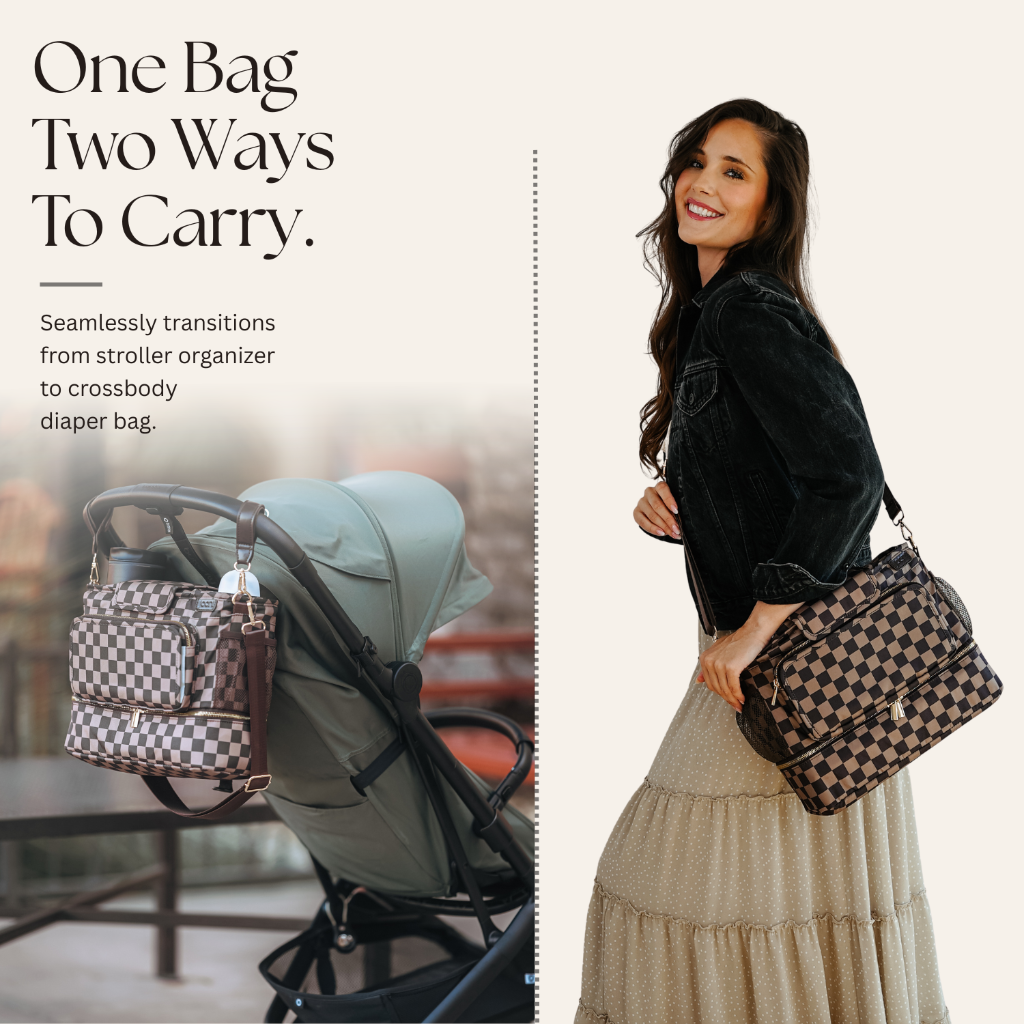 JOONI Checkered Cocoa stroller caddy story 3