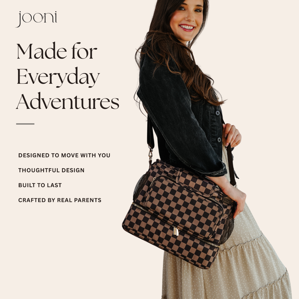 JOONI Checkered Cocoa stroller caddy story 9