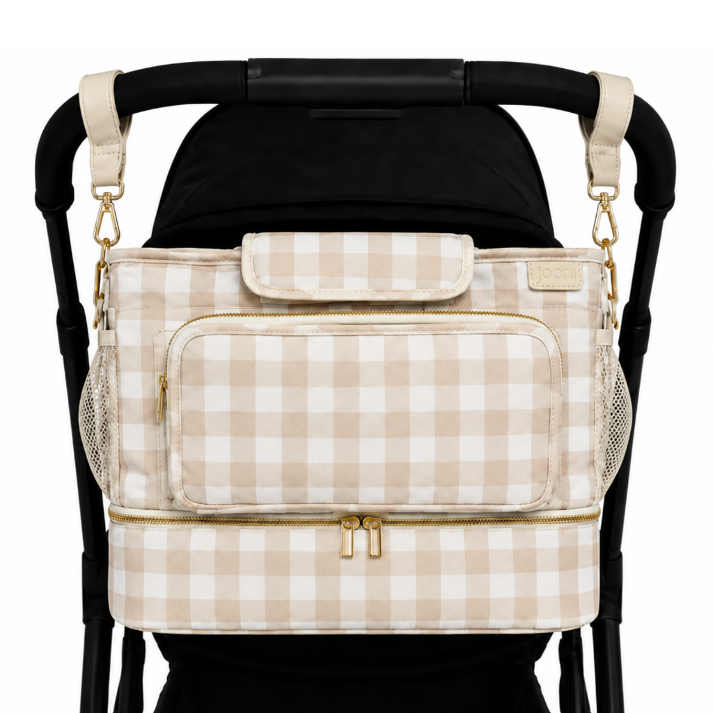 JOONI Cream Gingham stroller caddy story 1