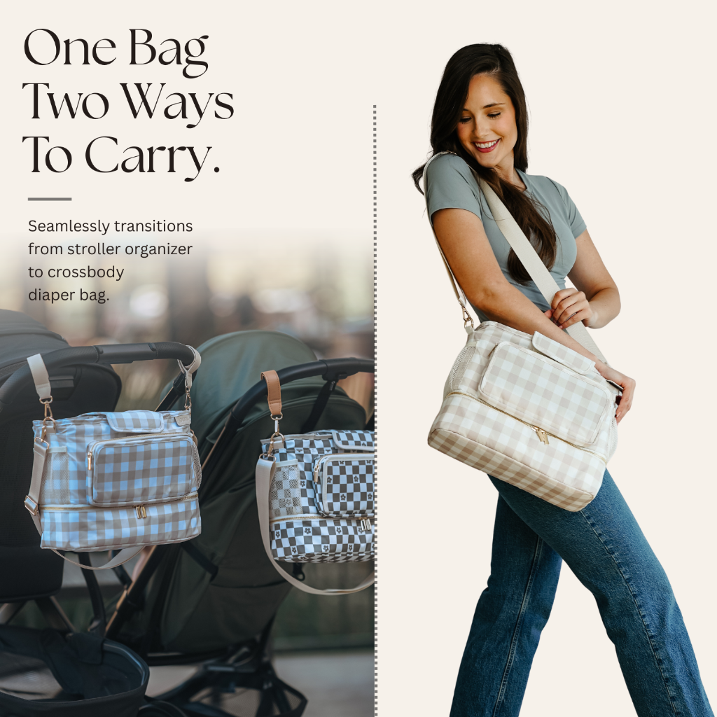 JOONI Cream Gingham stroller caddy story 3