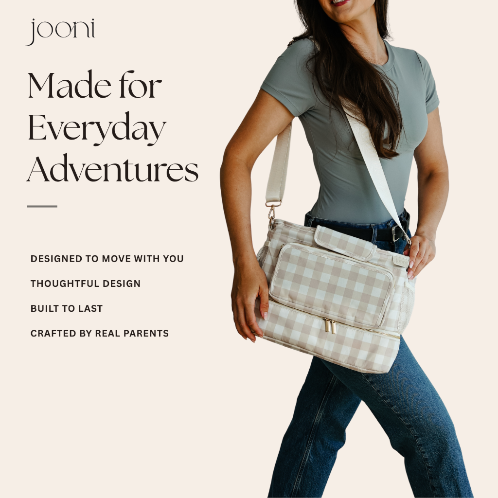 JOONI Cream Gingham stroller caddy story 9