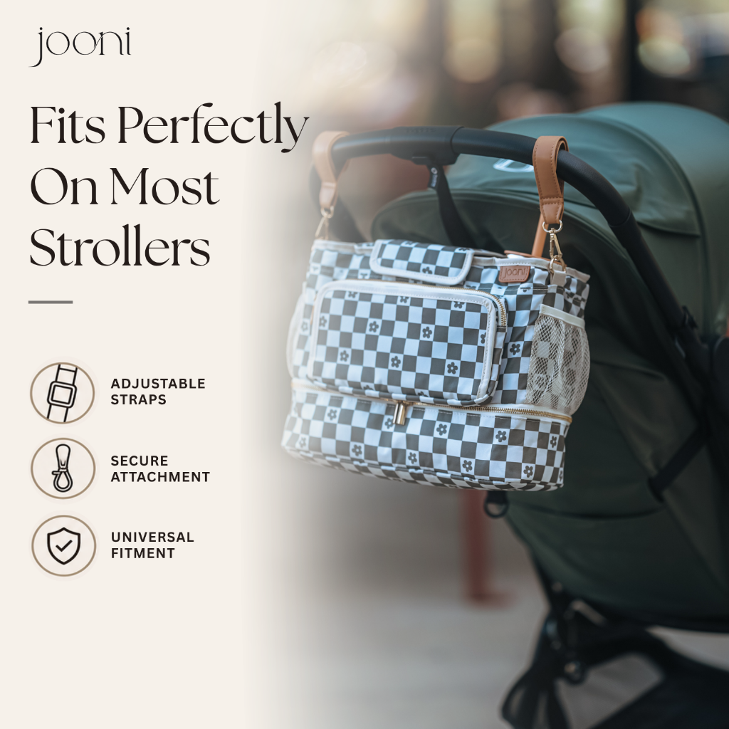 JOONI Daisy Check Sage stroller caddy story 6