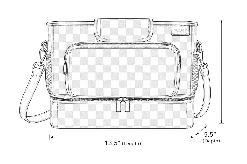 JOONI caddy dimension drawing — 13.5" length, 10.5" height, 5.5" depth