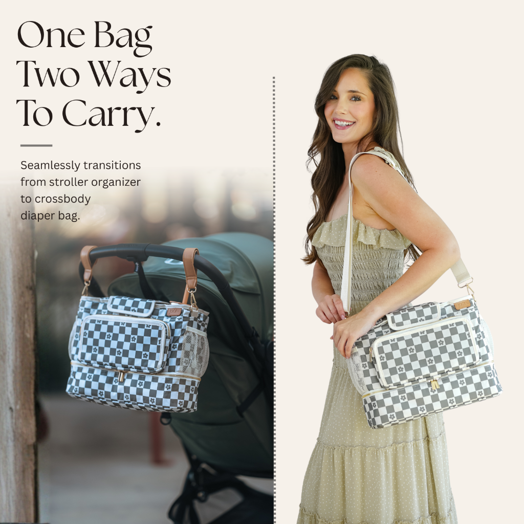 JOONI Daisy Check Sage stroller caddy story 2
