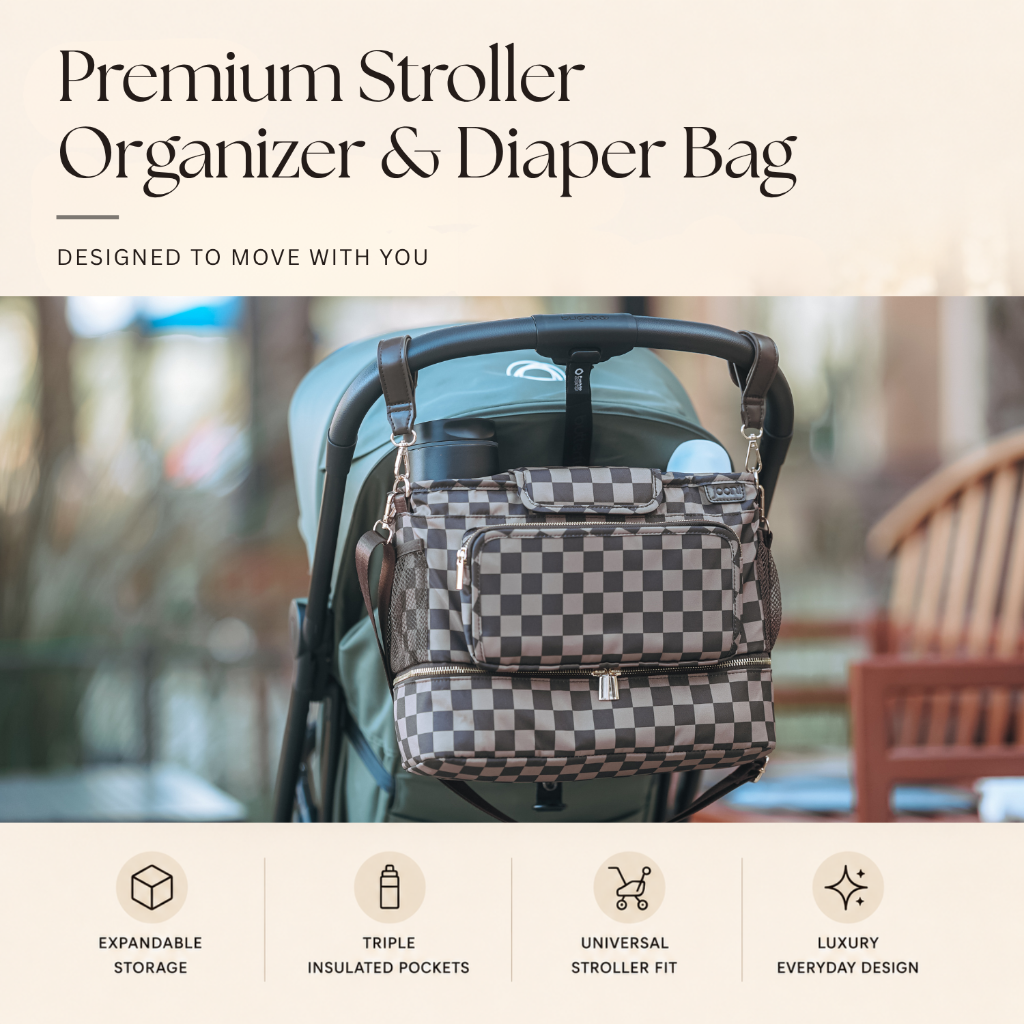 JOONI Checkered Cocoa stroller caddy story 2