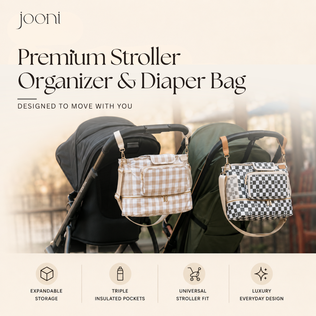 JOONI Cream Gingham stroller caddy story 2