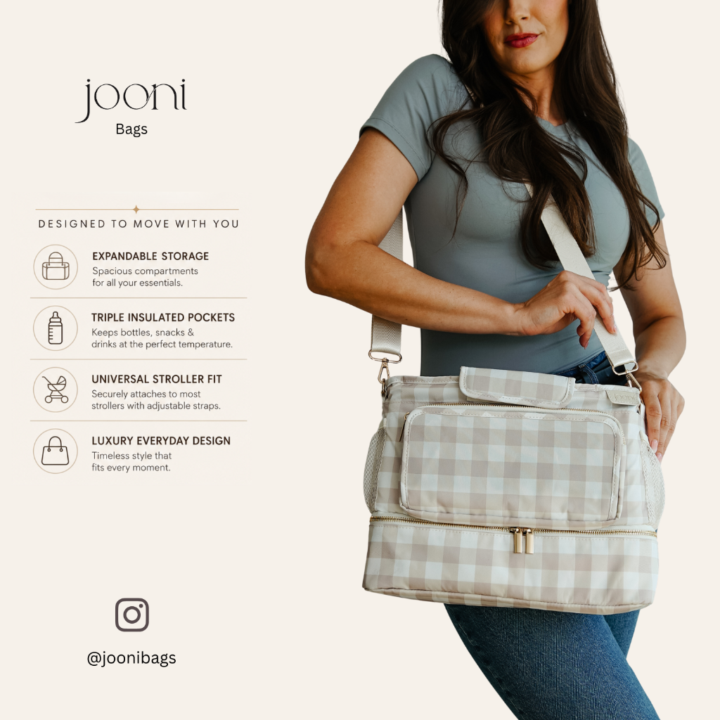 JOONI Cream Gingham stroller caddy story 10