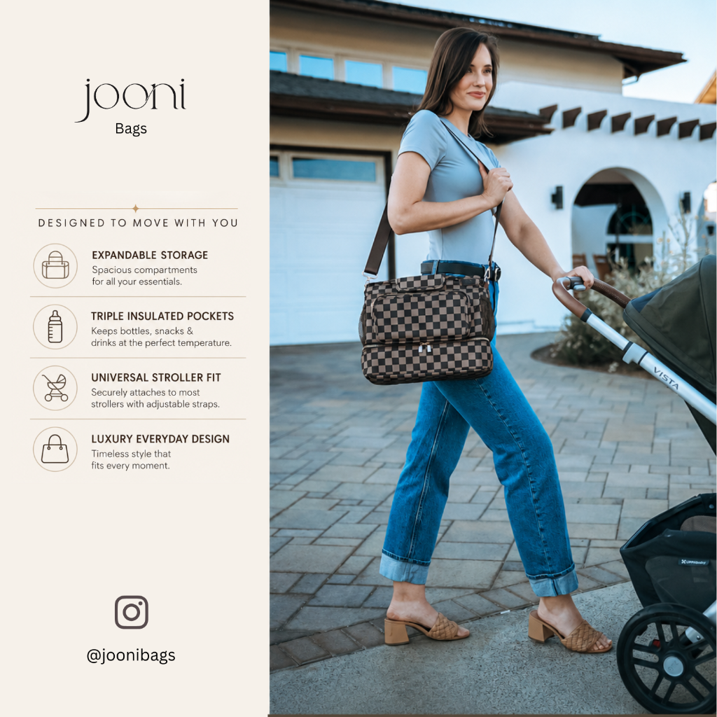JOONI Checkered Cocoa stroller caddy story 11
