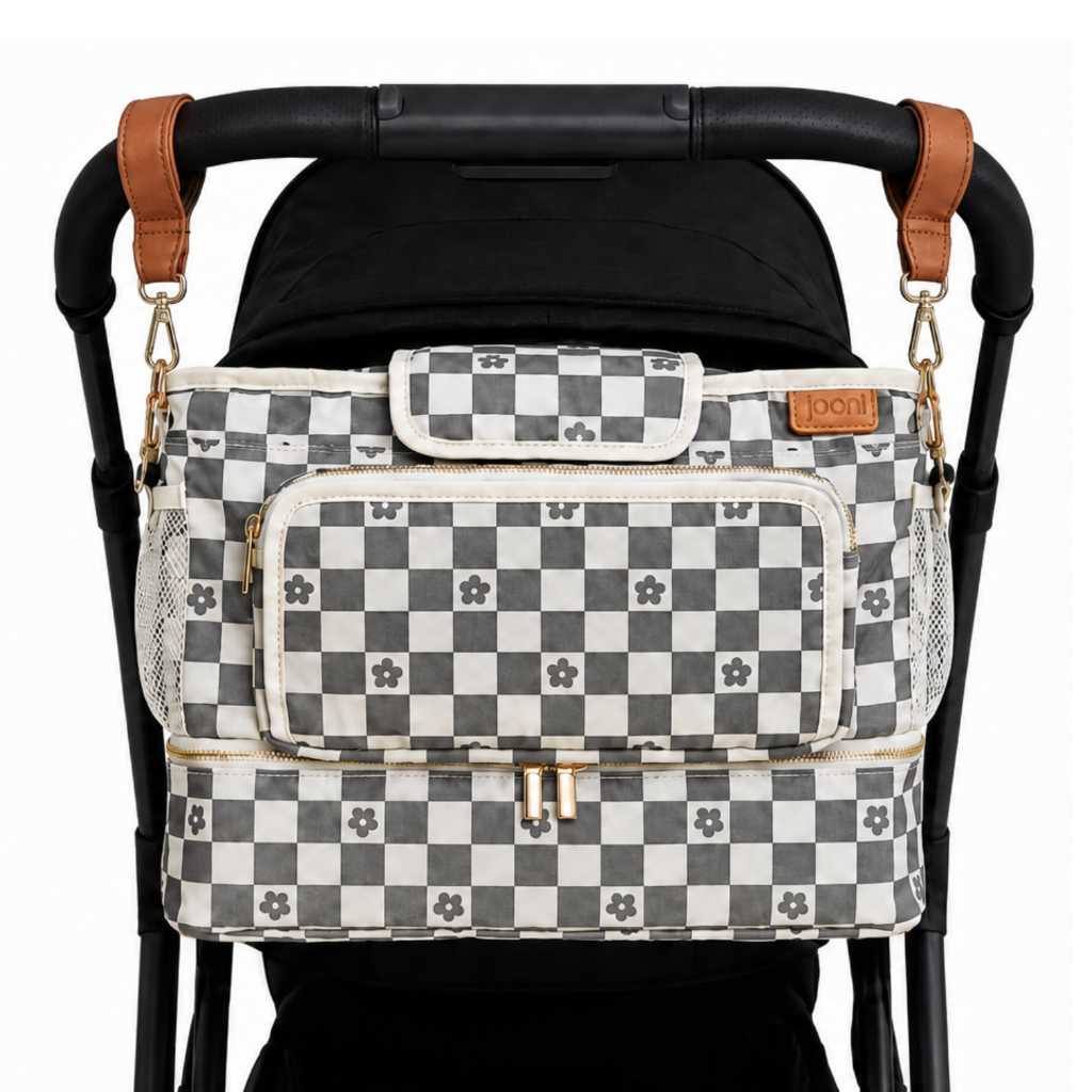 JOONI Daisy Check Sage stroller caddy story 1