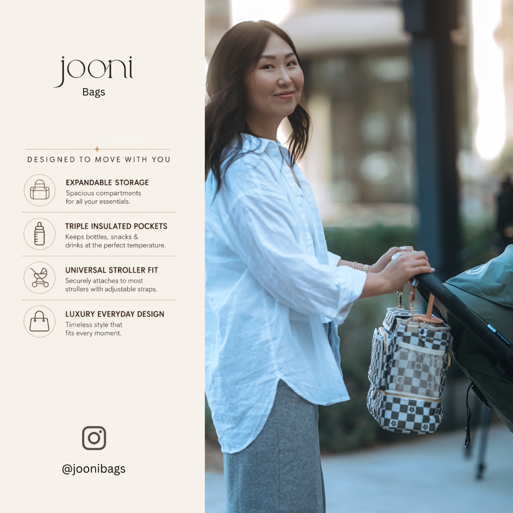 JOONI Daisy Check Sage stroller caddy story 8