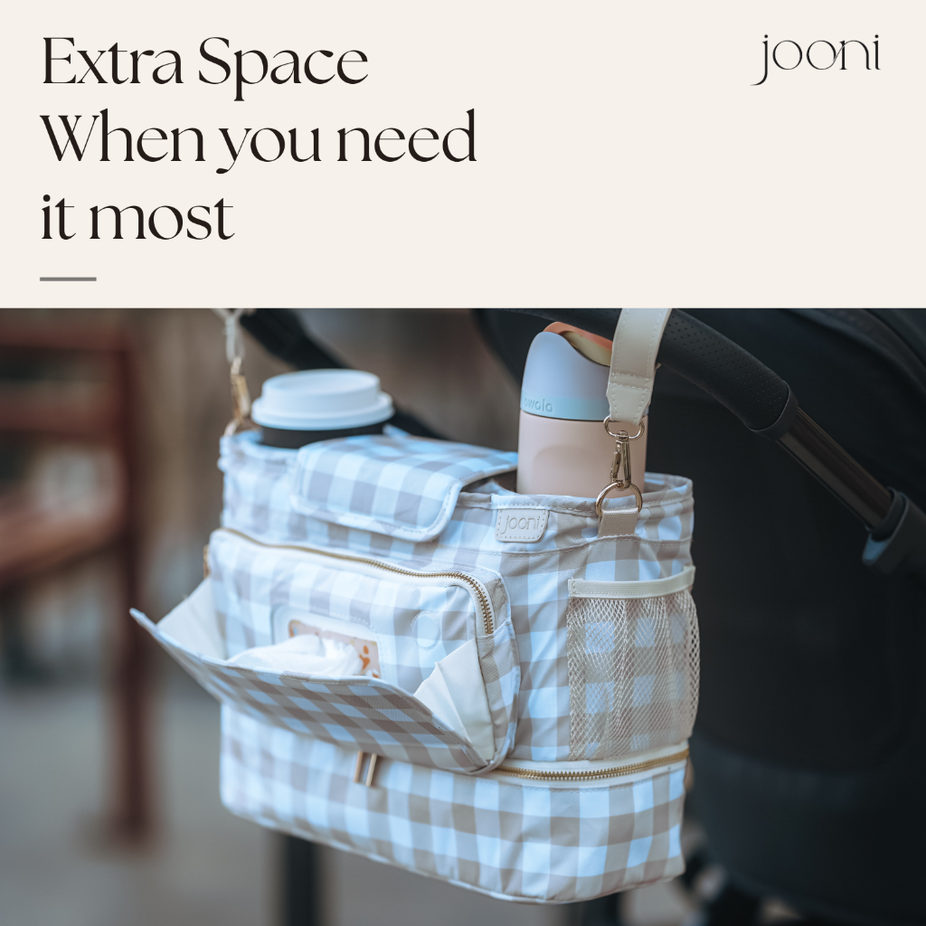 JOONI Cream Gingham stroller caddy story 6