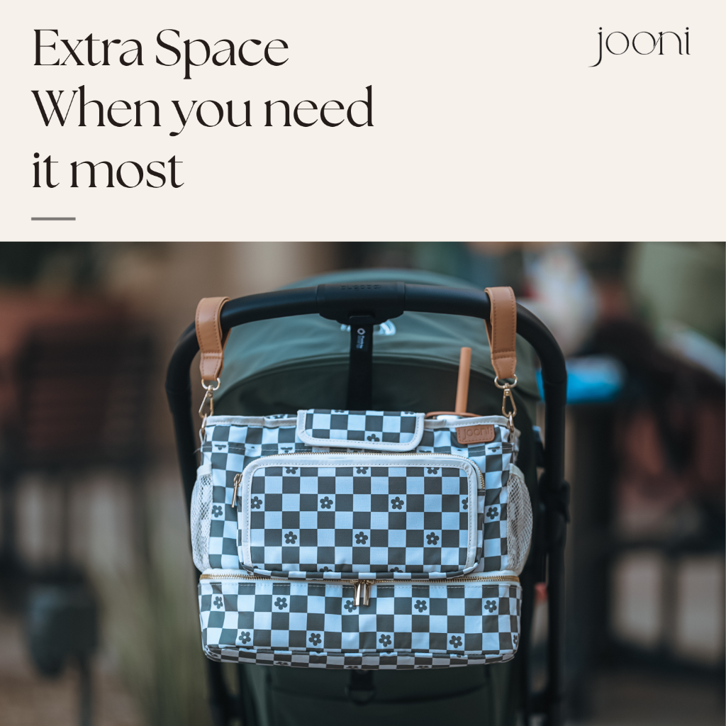 JOONI Daisy Check Sage stroller caddy story 4