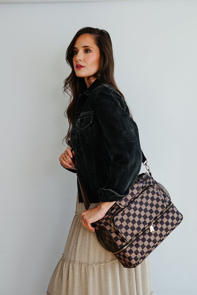 JOONI dark checker crossbody bag lifestyle shot