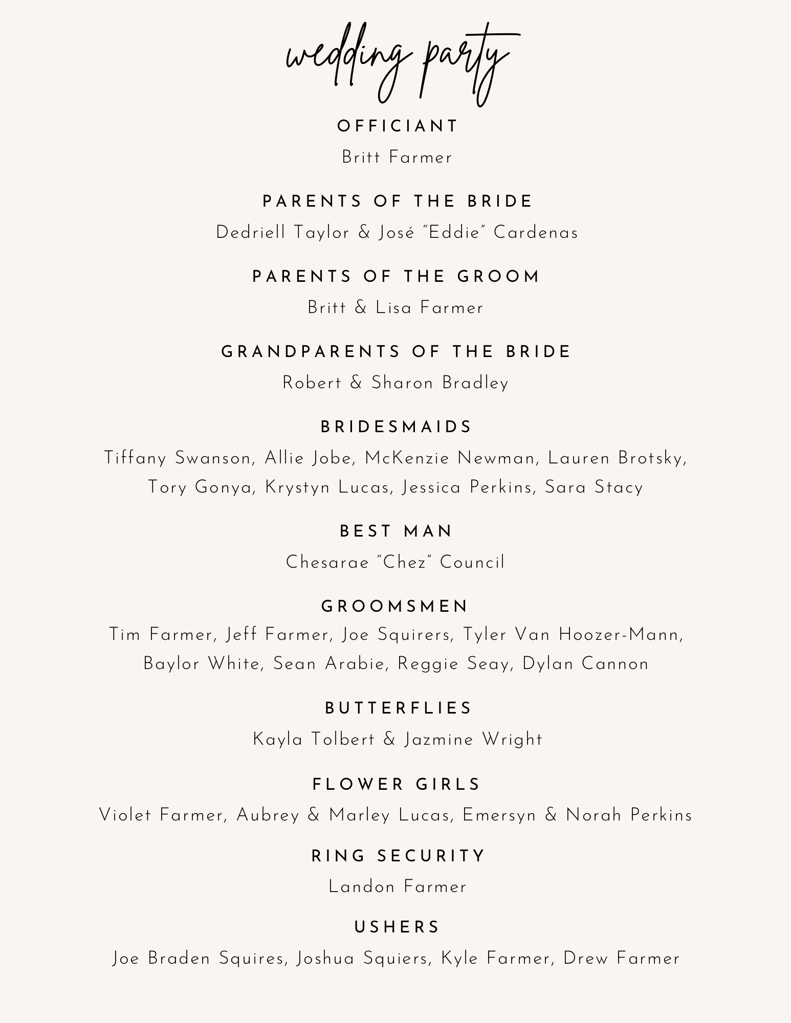 Wedding party โ officiant, parents, bridesmaids, groomsmen, butterflies, flower girls, ring security, and ushers
