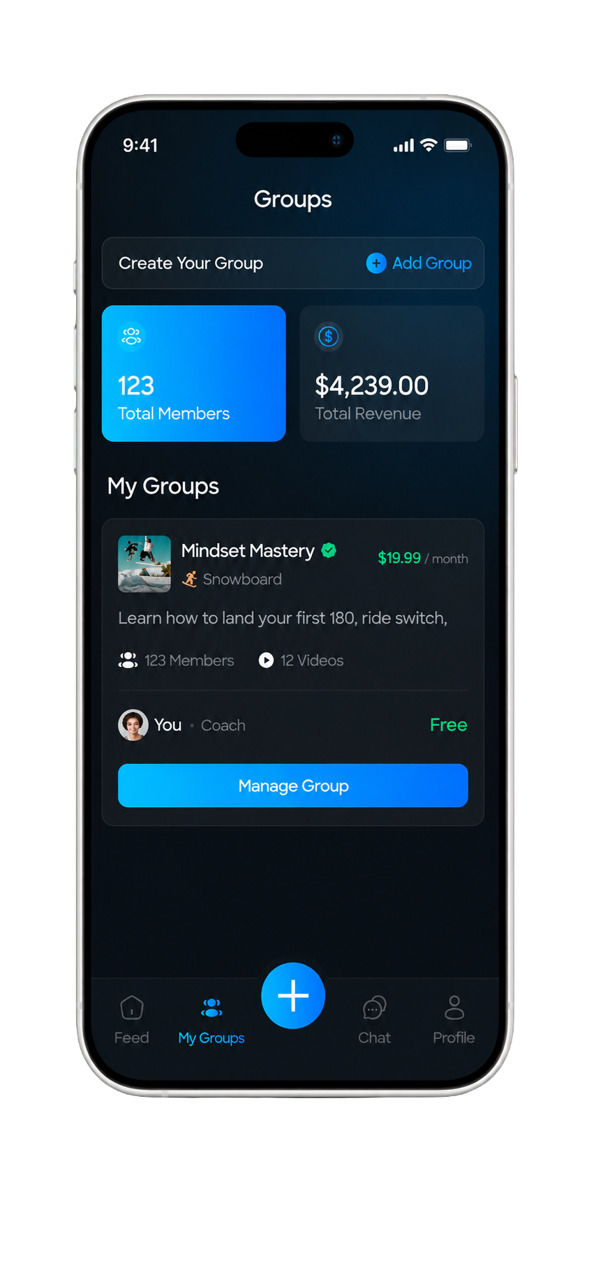 The Pocket Coach app on a phone, showing a coaching group