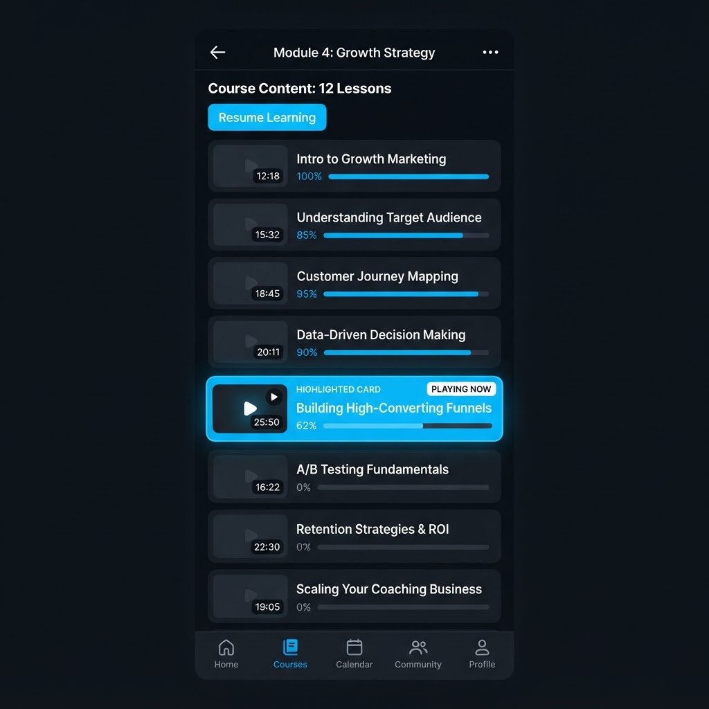 Lessons playlist screen in the Pocket Coach app